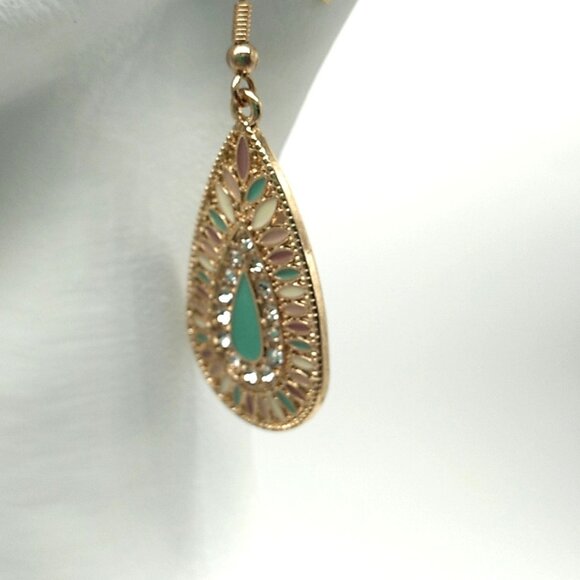 Teardrop Dangle Earrings Mint Green Enamel Rhinestones Small Pastel Beads - Picture 2 of 14